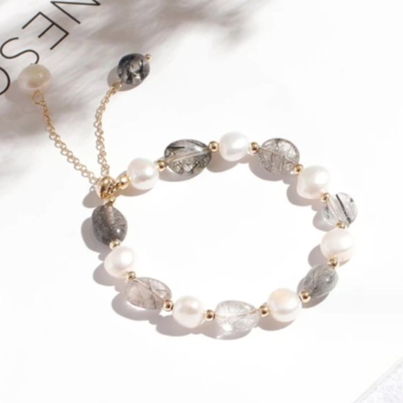 Jewelry - Freshwater Pearl Freshwater Black Rutilated Quartz Adjustable Bracelet